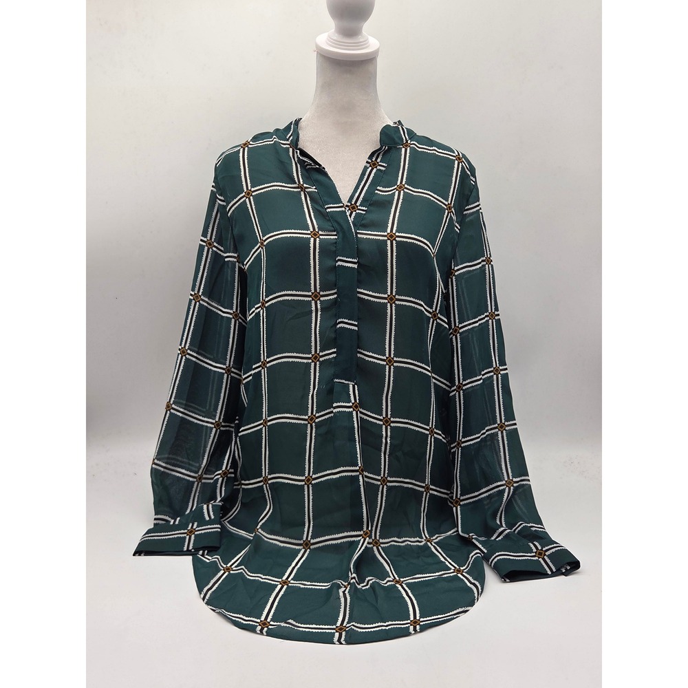 Harlowe & Graham Women's S Green Windowpane Long Sleeve Blouse NWT 101-885
